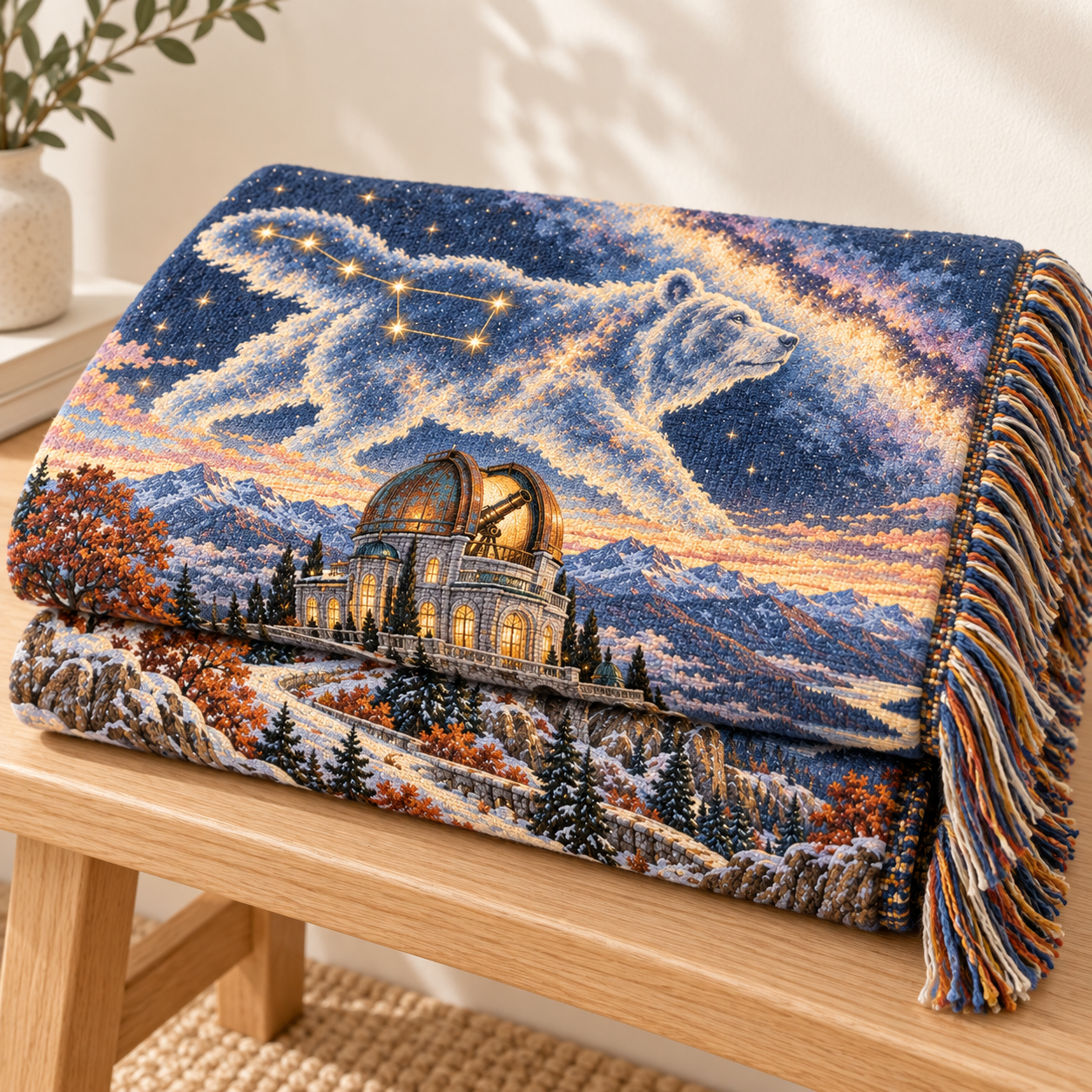 Celestial Woven Cotton Blanket, Big Dipper Bear Observatory Tapestry Throw - Image 2