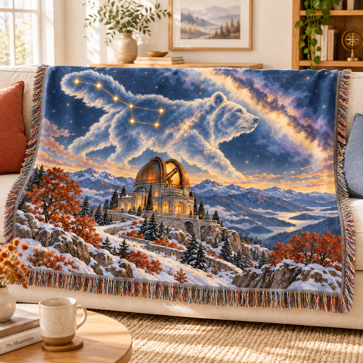 Celestial Woven Cotton Blanket, Big Dipper Bear Observatory Tapestry Throw - Image 4