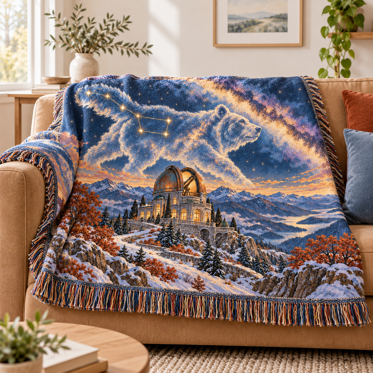 Celestial Woven Cotton Blanket, Big Dipper Bear Observatory Tapestry Throw - Image 5