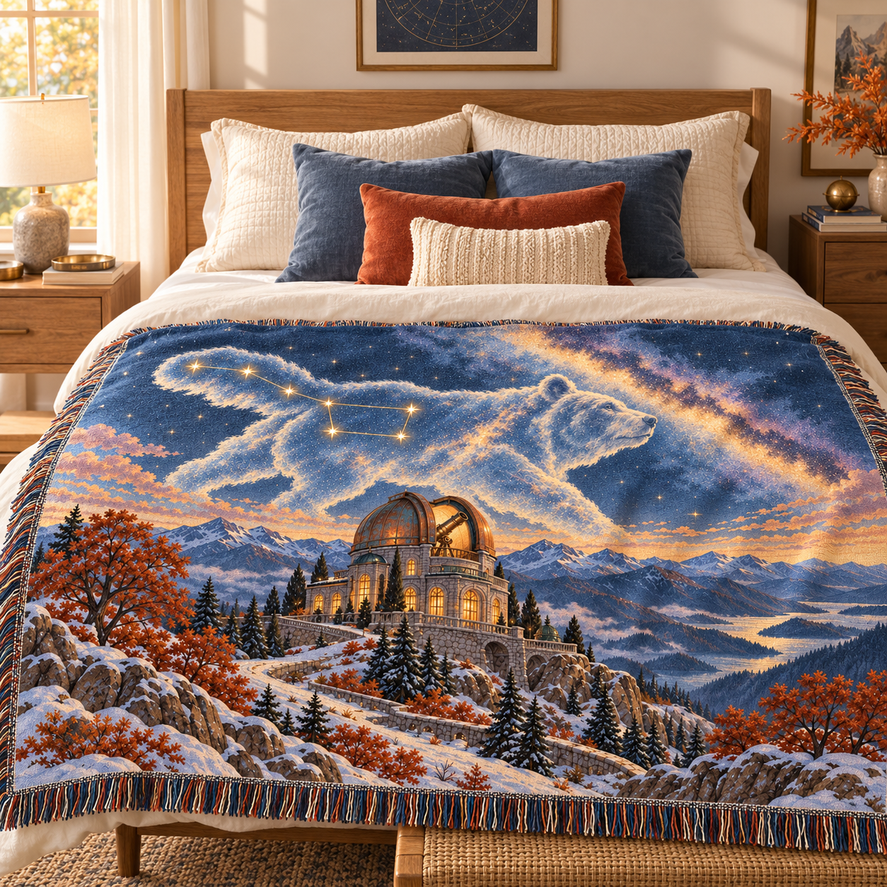 Celestial Woven Cotton Blanket, Big Dipper Bear Observatory Tapestry Throw - Image 6