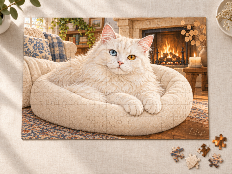 Cozy White Cat by the Fireplace Puzzle