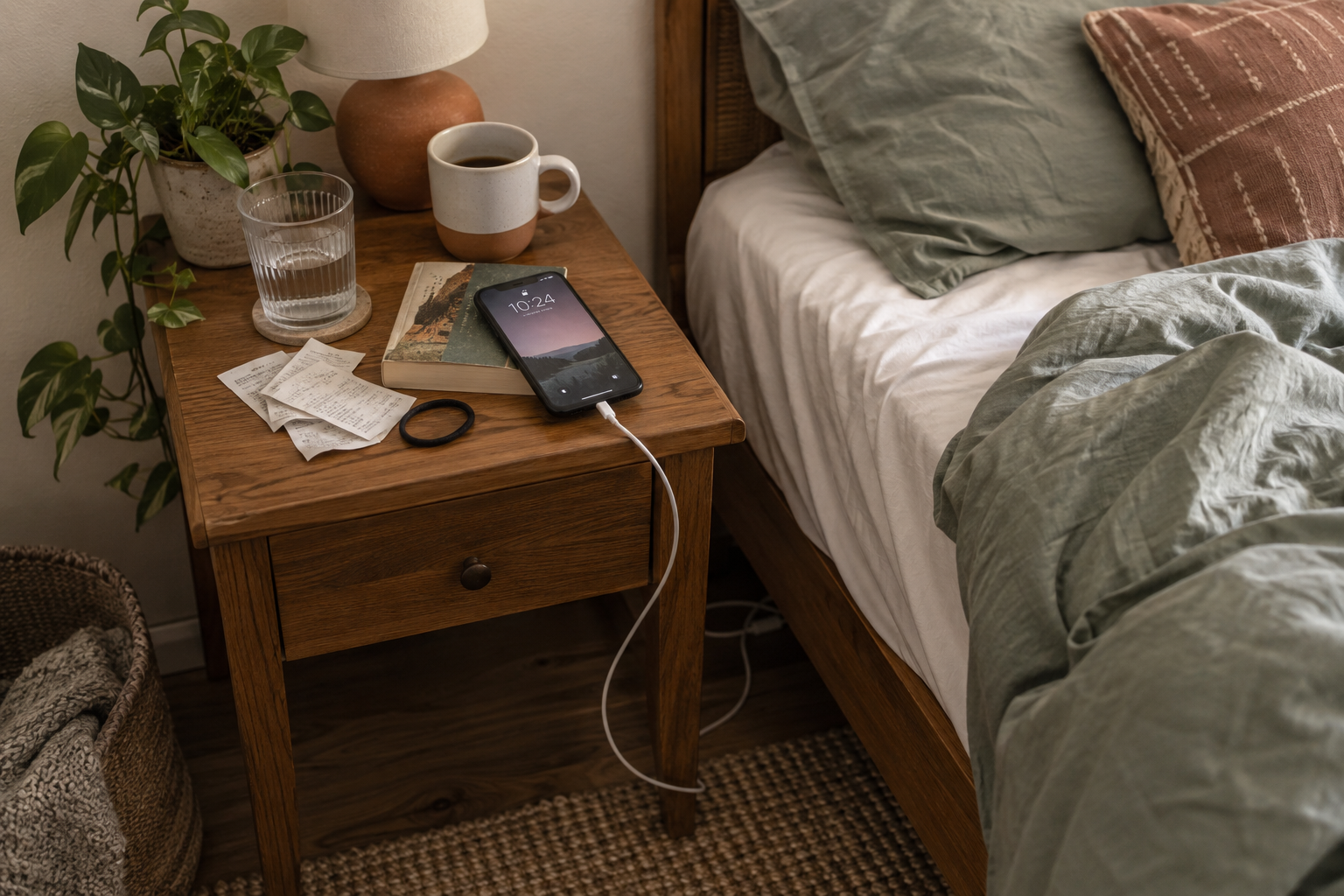 Visually busy bedside table with a glowing phone, charging cable, cups, receipts and a partly covered book