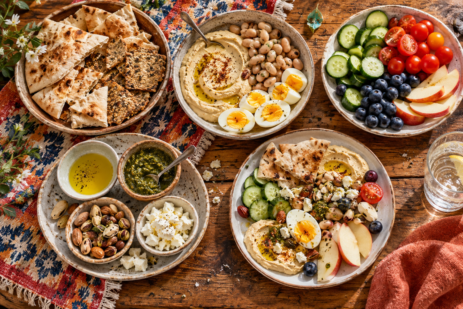 Overhead arrangement of pita, hummus, beans, eggs, fruits, vegetables, nuts and sauces for assembly meals