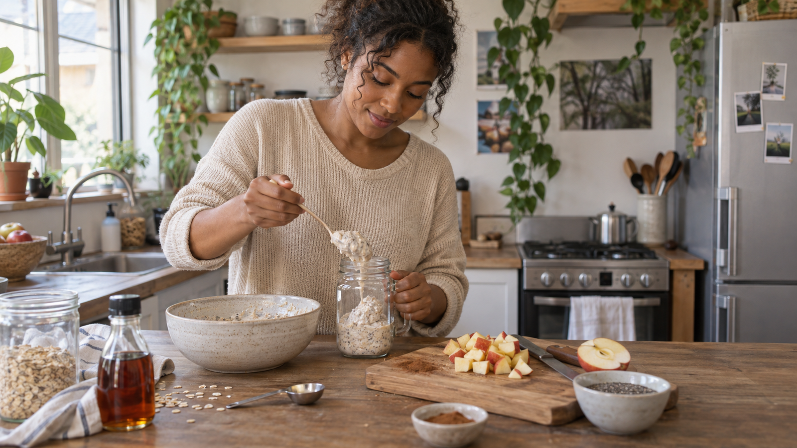 Young Black woman spooning apple pie overnight oats into a glass jar in a plant-filled home kitchen