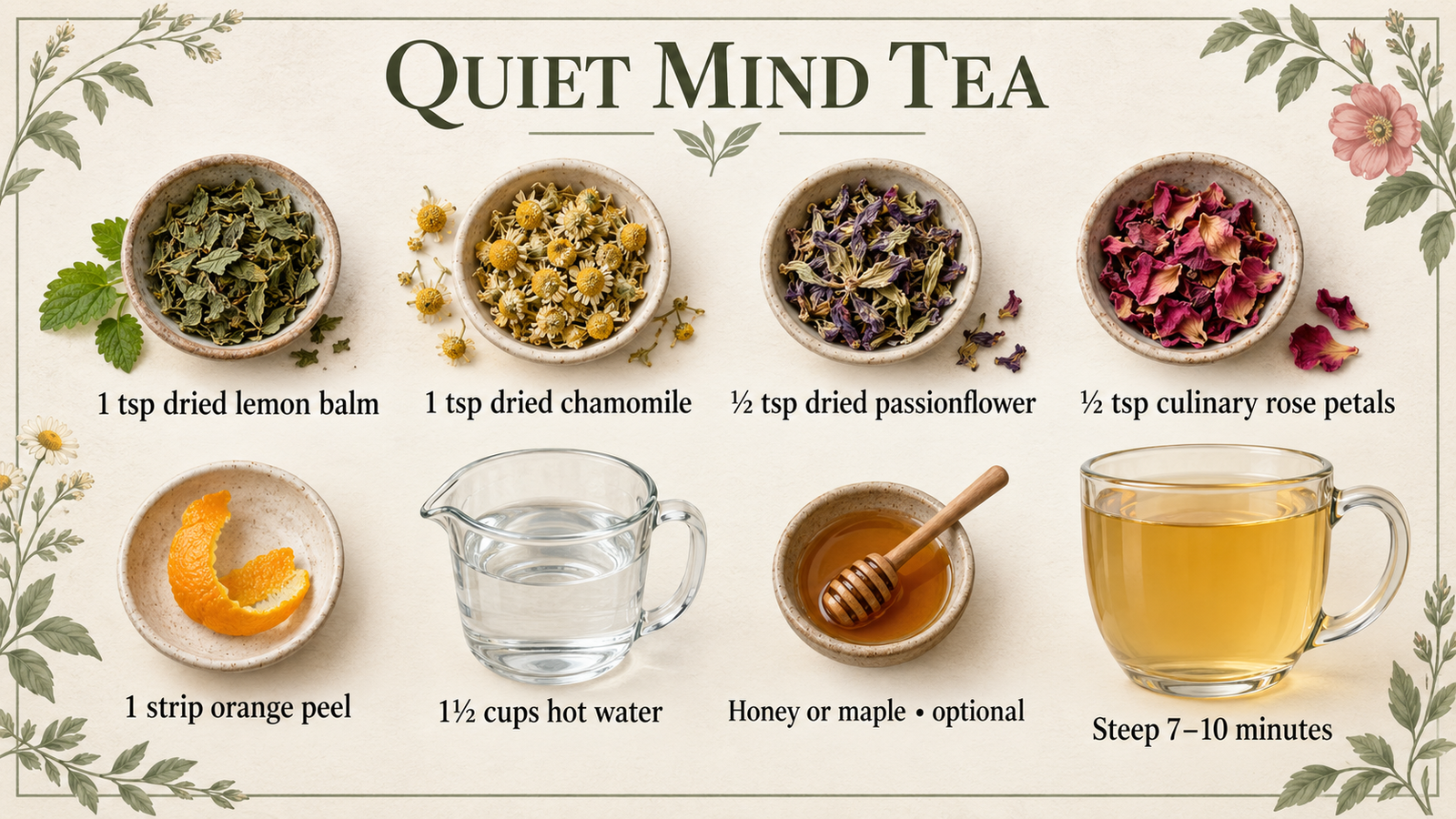 Visual ingredient guide for Quiet Mind Tea with lemon balm, chamomile, passionflower, rose petals, orange peel, hot water and optional sweetener