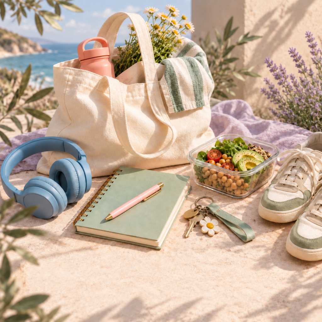 Everyday essentials arranged outdoors with tote bag, lunch, notebook, headphones and sneakers