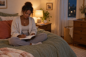 Young dark-skinned Black woman journaling in a softly lit analog bedroom with warm neutral bedding and her phone resting away from the bed