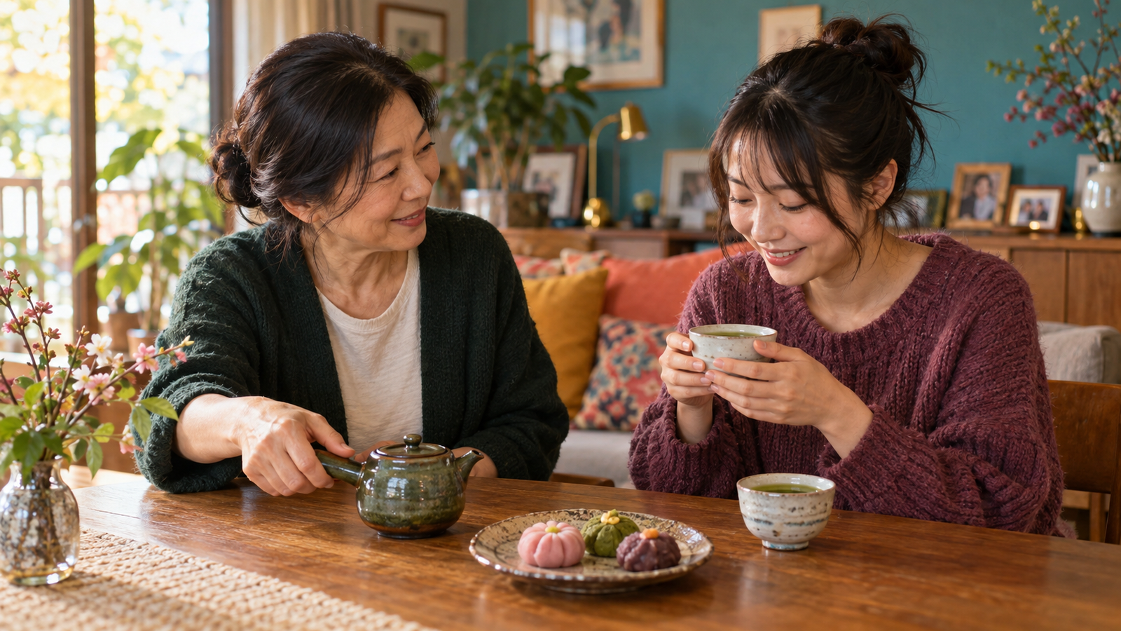 Japanese mother and adult daughter sharing green tea and wagashi at a colorful family table