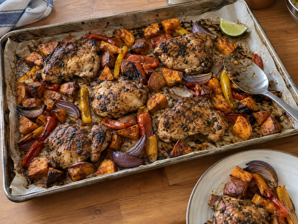 One-pan honey jerk chicken with roasted sweet potatoes, bell peppers and red onion