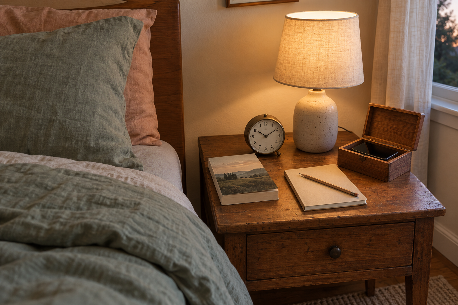 Simplified bedside table with a warm lamp, analog clock, book, blank notebook and a small wooden phone box