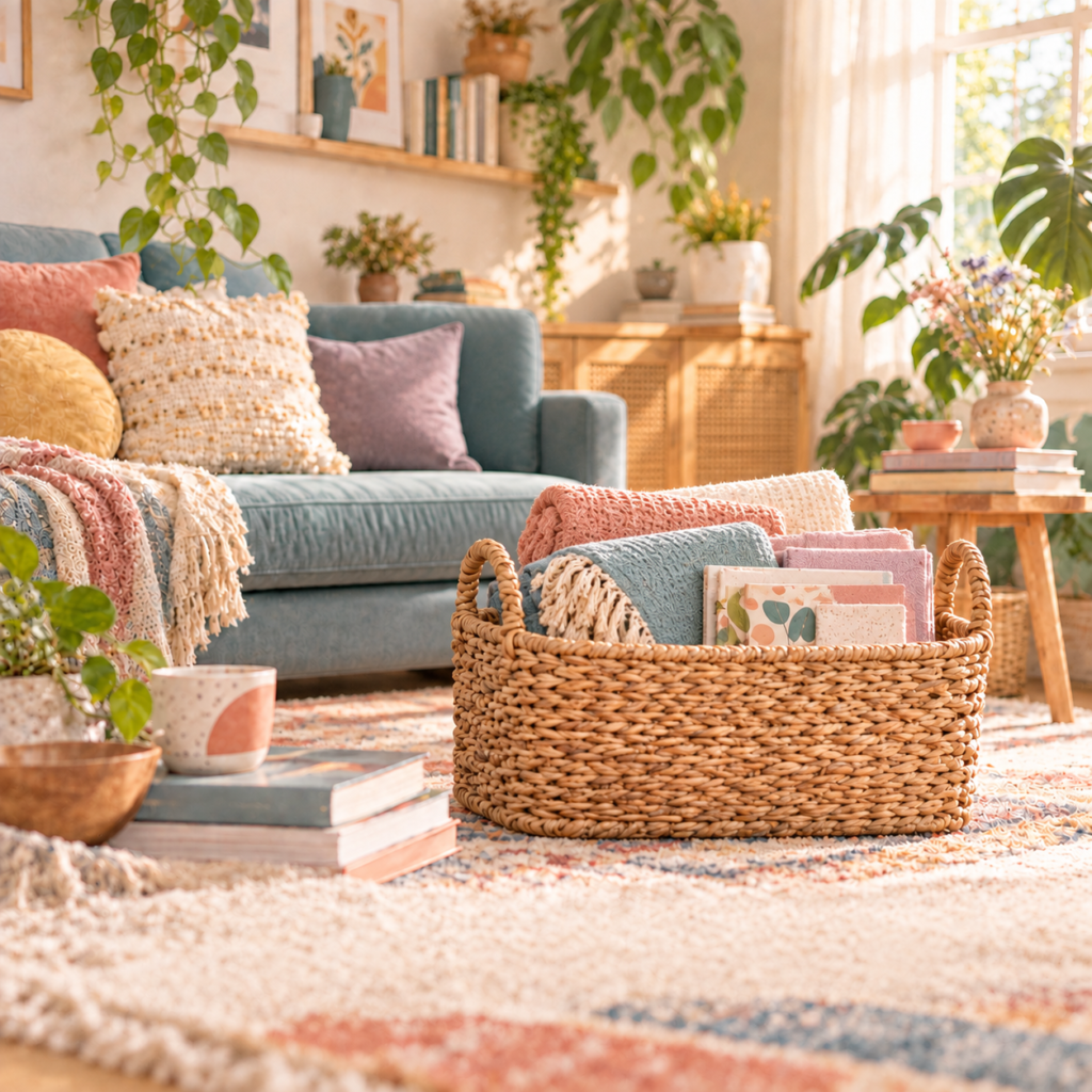 Colorful calm living room with a woven basket holding blankets and books