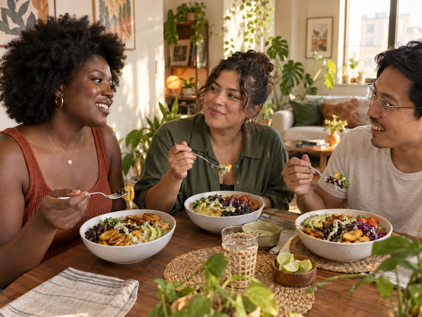 Three young friends sharing plantain and black bean bowls around a dining table