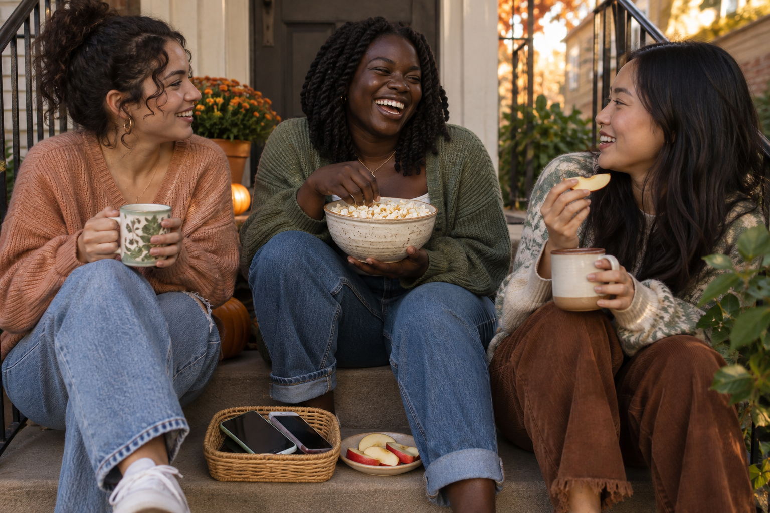 Three young women sharing popcorn, apple slices and warm drinks on a porch while their phones rest face down in a basket