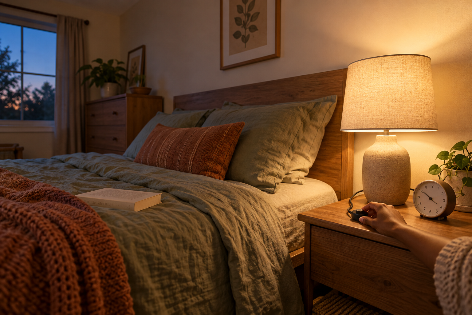 Warm shaded bedside lamp illuminating sage and terracotta bedding while a hand adjusts an analog alarm clock