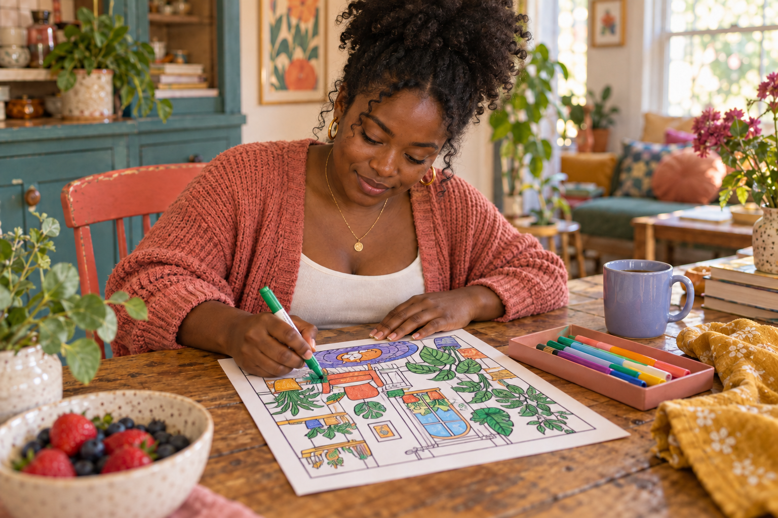 Dark-skinned Black woman with natural curls looking down as she colors a bold cozy room illustration at a colorful kitchen table