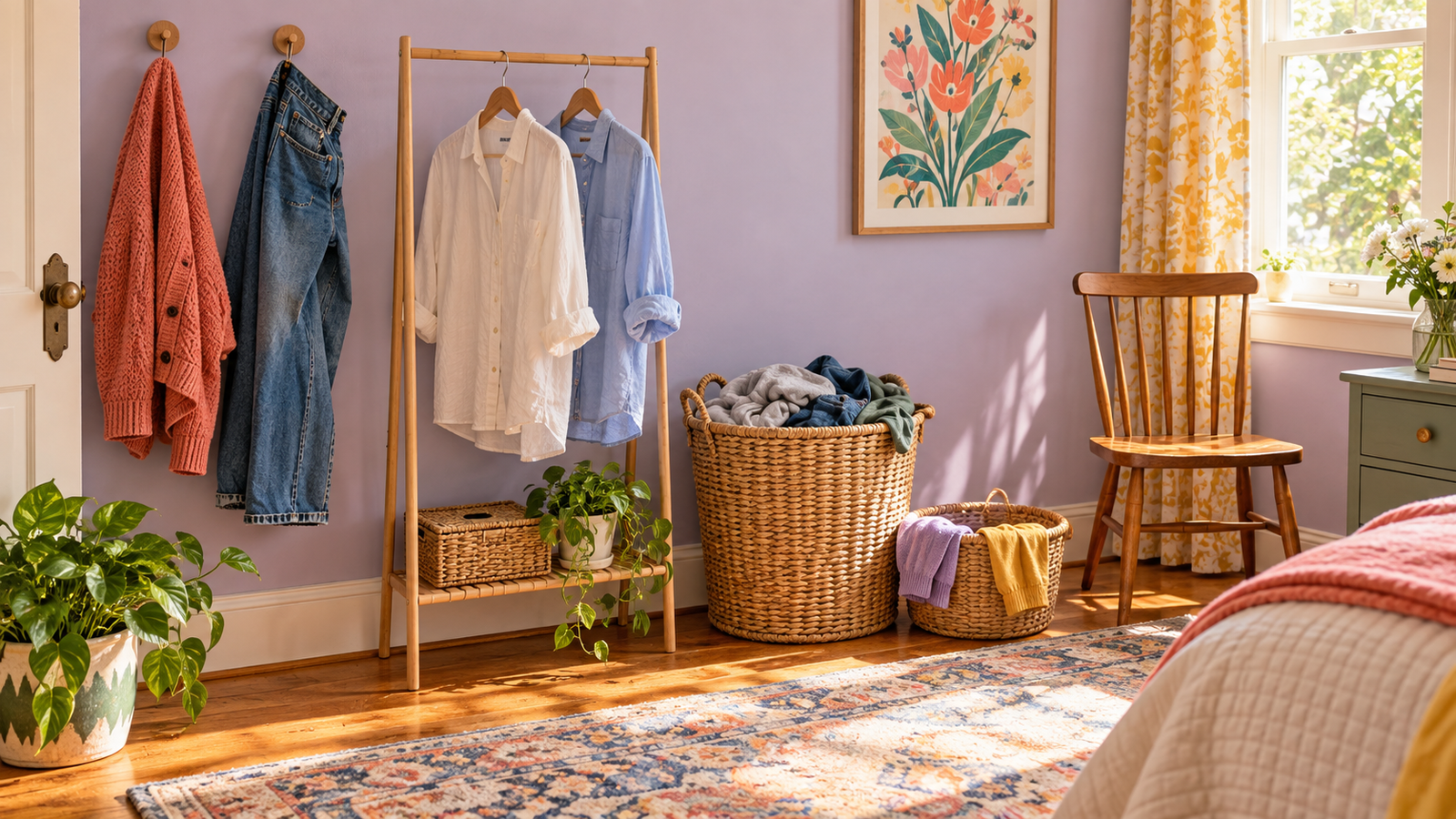 Small-space rewear station with three hanging garments, a basket, a lidded hamper and a clear reading chair