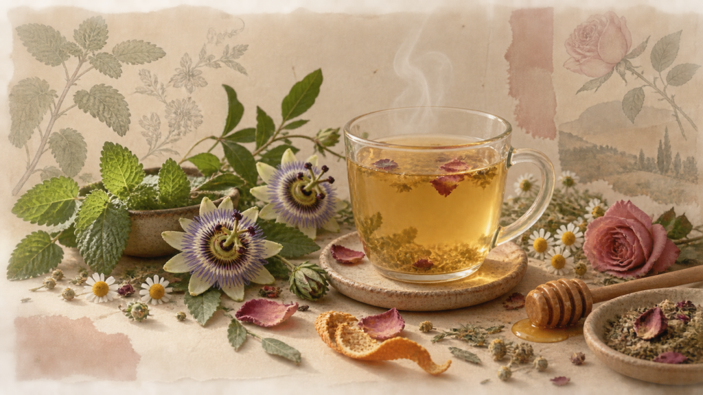 Artistic botanical still life of golden herbal tea with lemon balm, passionflower, chamomile, rose petals, orange peel and honey