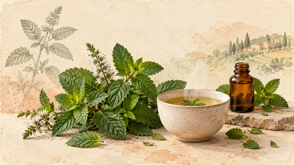 Fresh peppermint leaves, a warm cup of peppermint tea and an amber oil bottle in a botanical still life