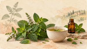 Fresh peppermint leaves, a warm cup of peppermint tea and an amber oil bottle in a botanical still life