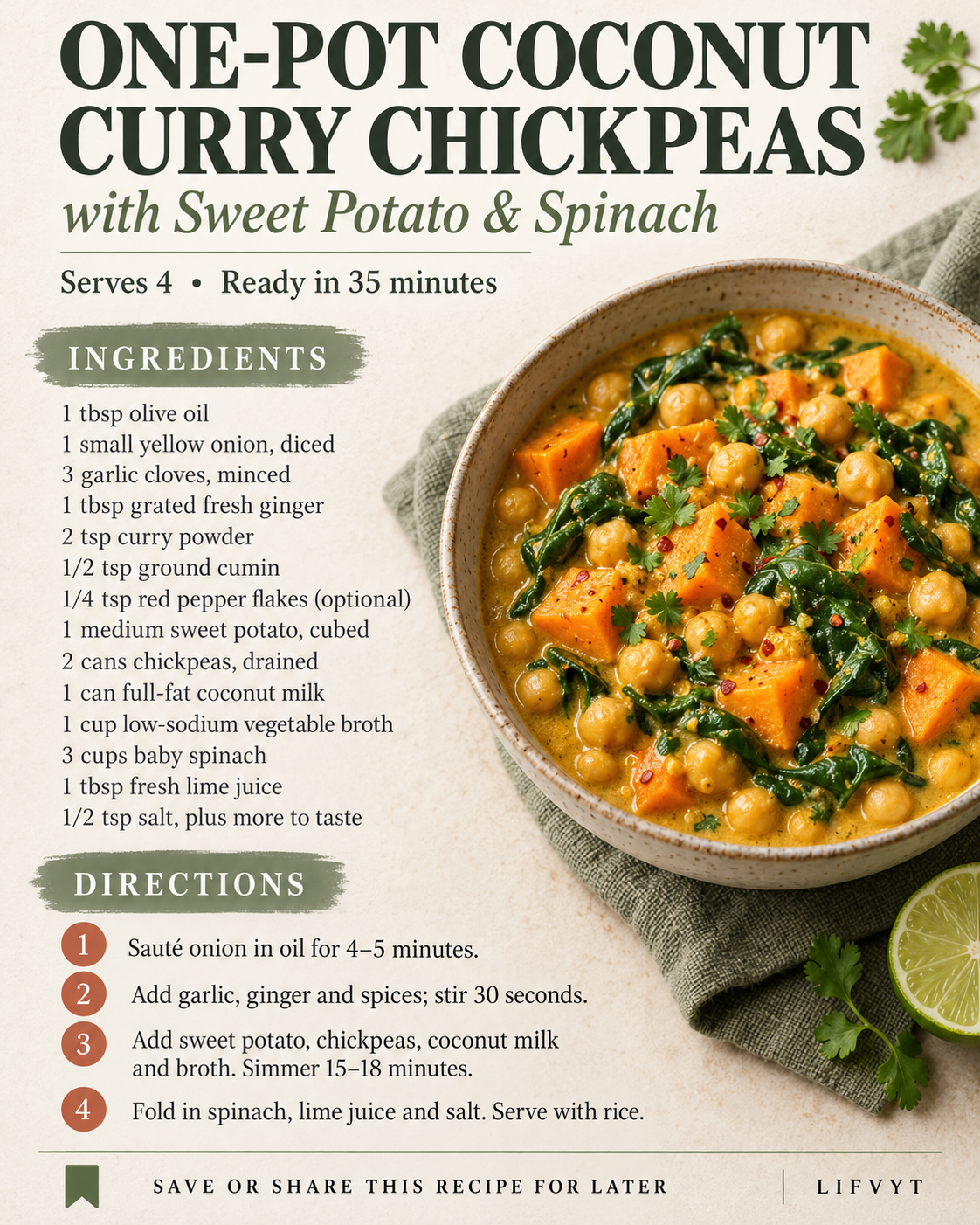 Saveable recipe card for one-pot coconut curry chickpeas with sweet potato and spinach