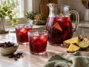 Pitcher and two glasses of deep red ginger-hibiscus pineapple cooler with ice, pineapple, lime and ginger