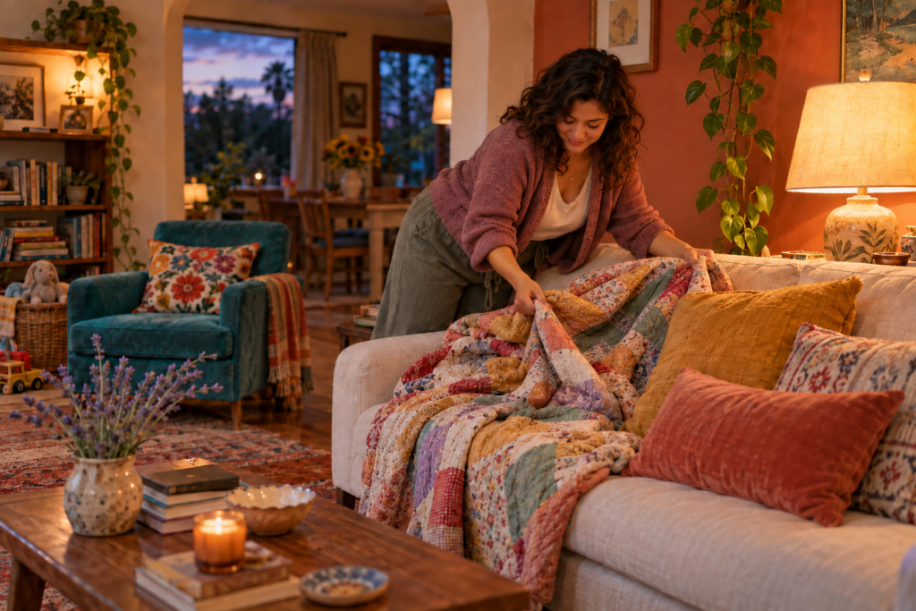 Mexican American woman arranging a colorful patchwork quilt in a warmly lit living room