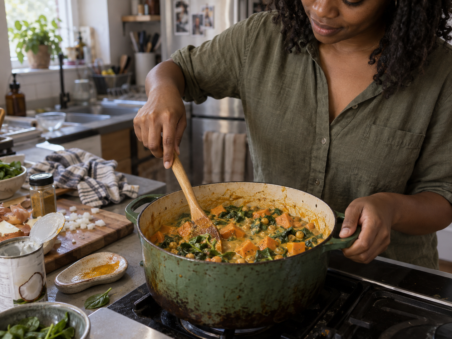 Young Black woman stirring coconut curry chickpeas with sweet potato and spinach in a green Dutch oven