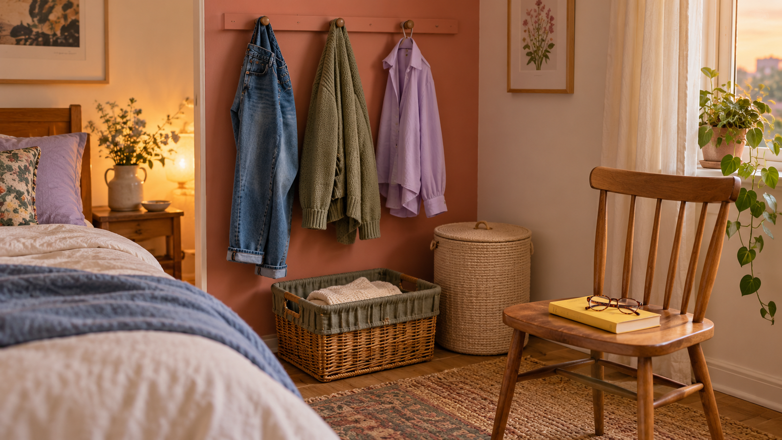 Indian American millennial woman sorting a lavender cardigan beside a bedroom chair, hooks and woven hampers