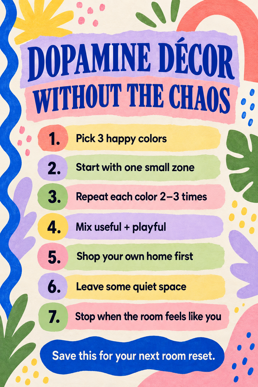Vertical dopamine decor checklist with seven ways to add joyful color without visual chaos
