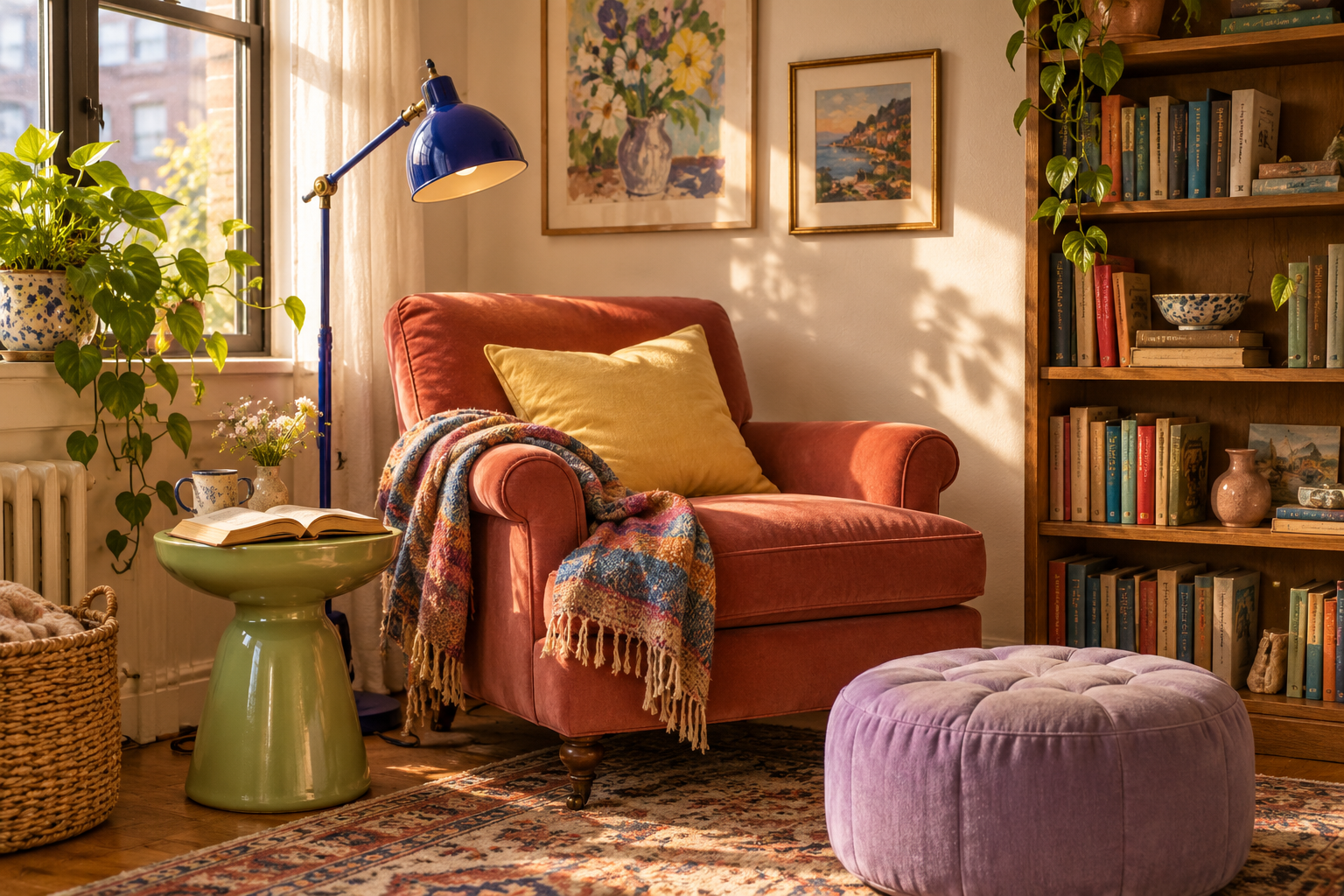 Colorful reading corner with a coral chair, cobalt lamp, pistachio table, books and afternoon sunlight