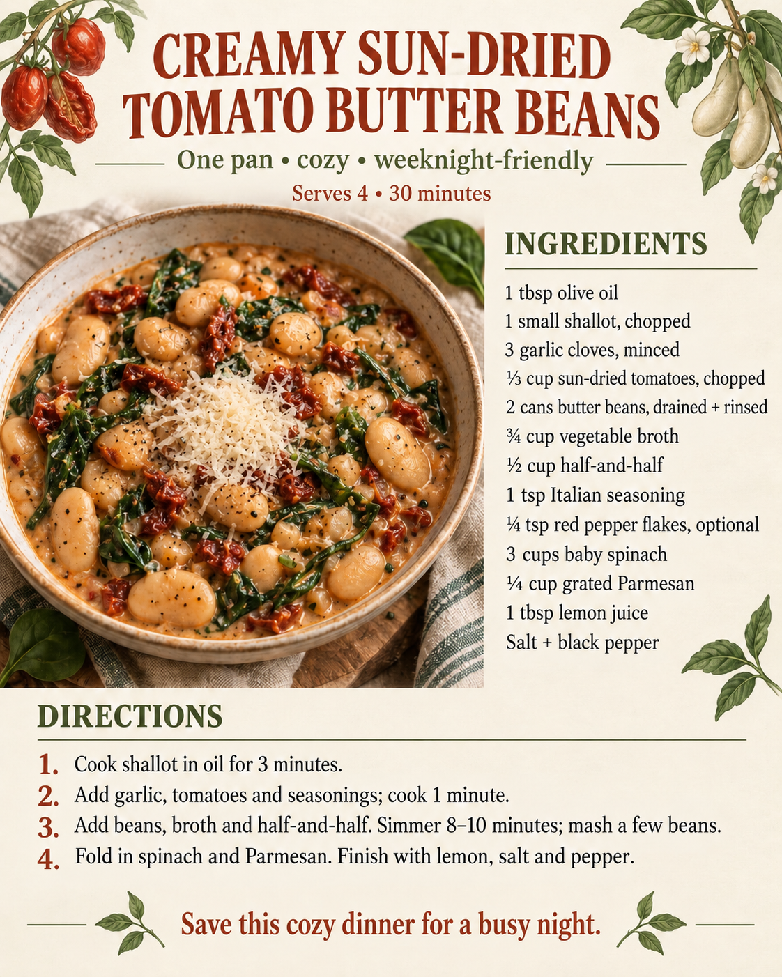 Saveable recipe card for creamy sun-dried tomato butter beans with spinach