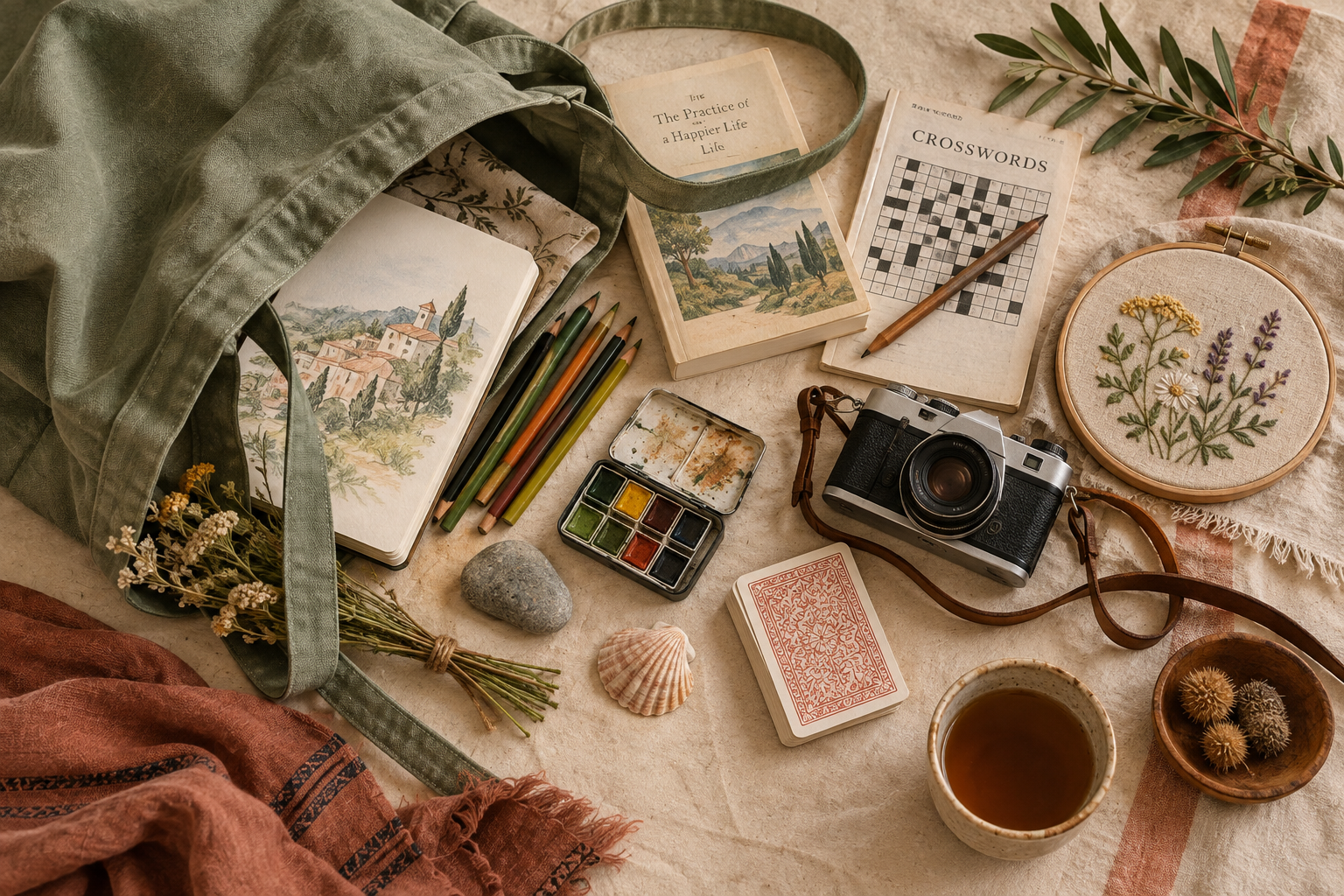 Hands holding colorful miniature trinkets over a shared display tray
