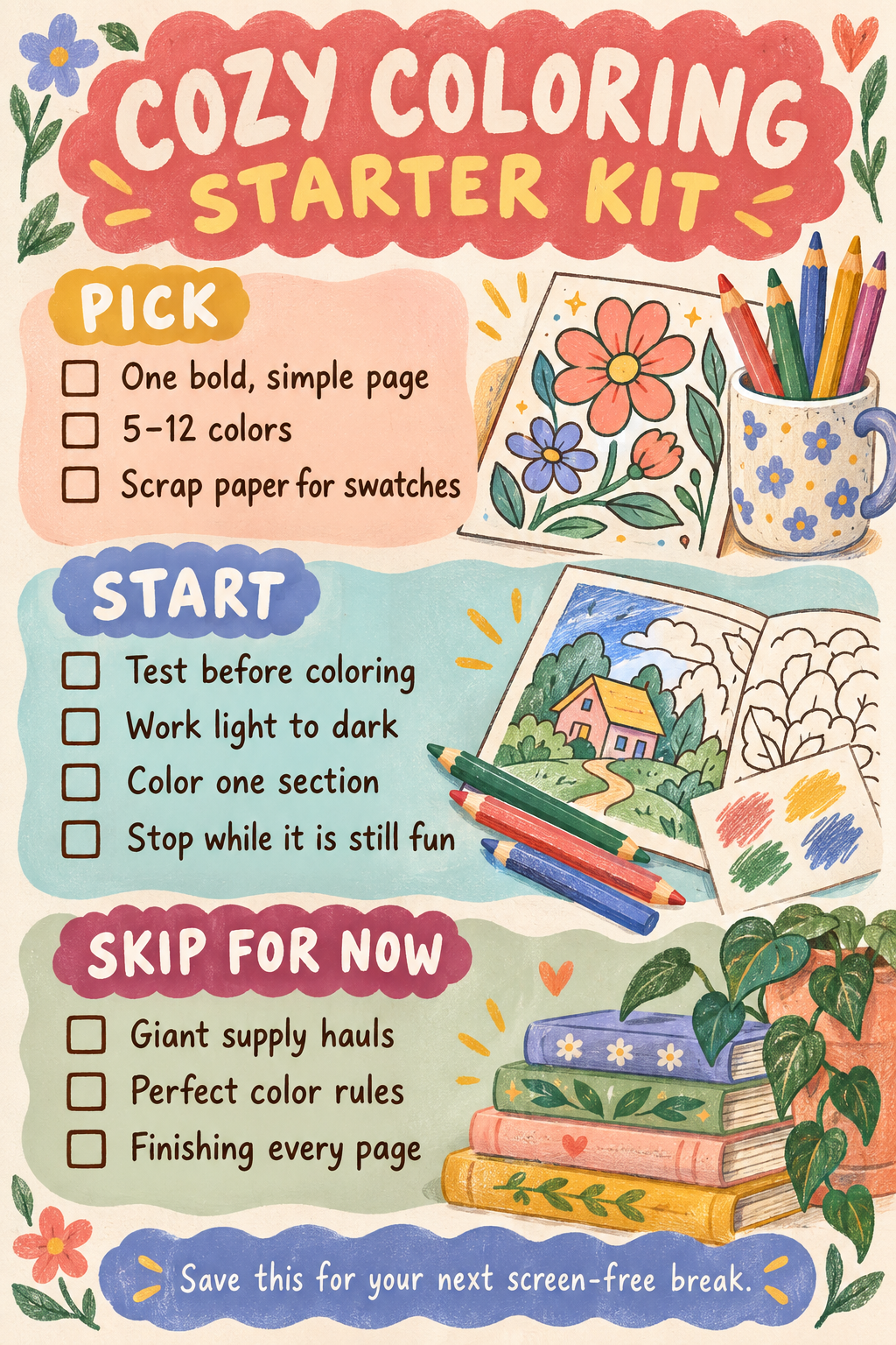 Colorful Cozy Coloring Starter Kit checklist with supplies, beginning steps and items to skip for now