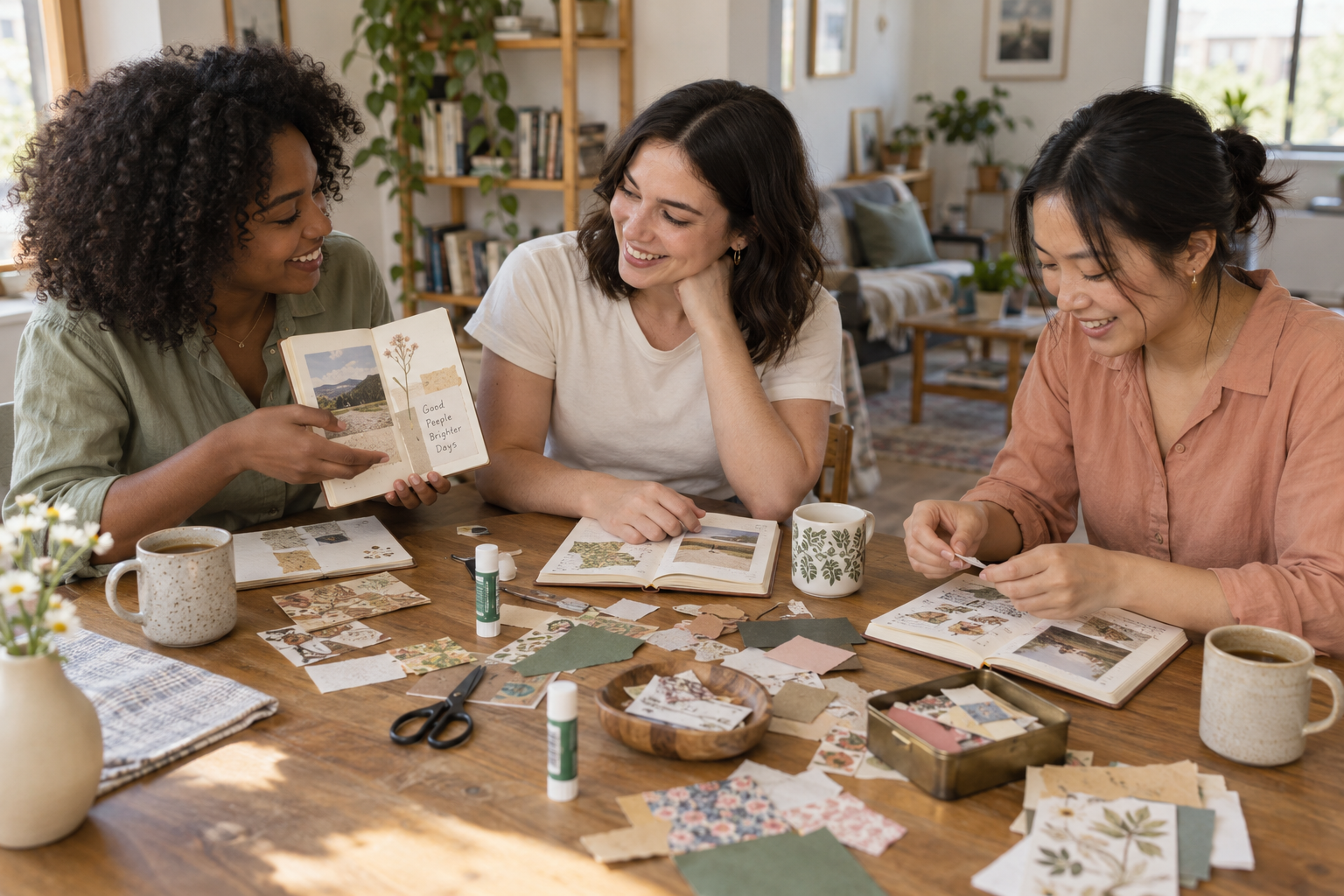 Three young adults sharing paper scraps and making junk journals together
