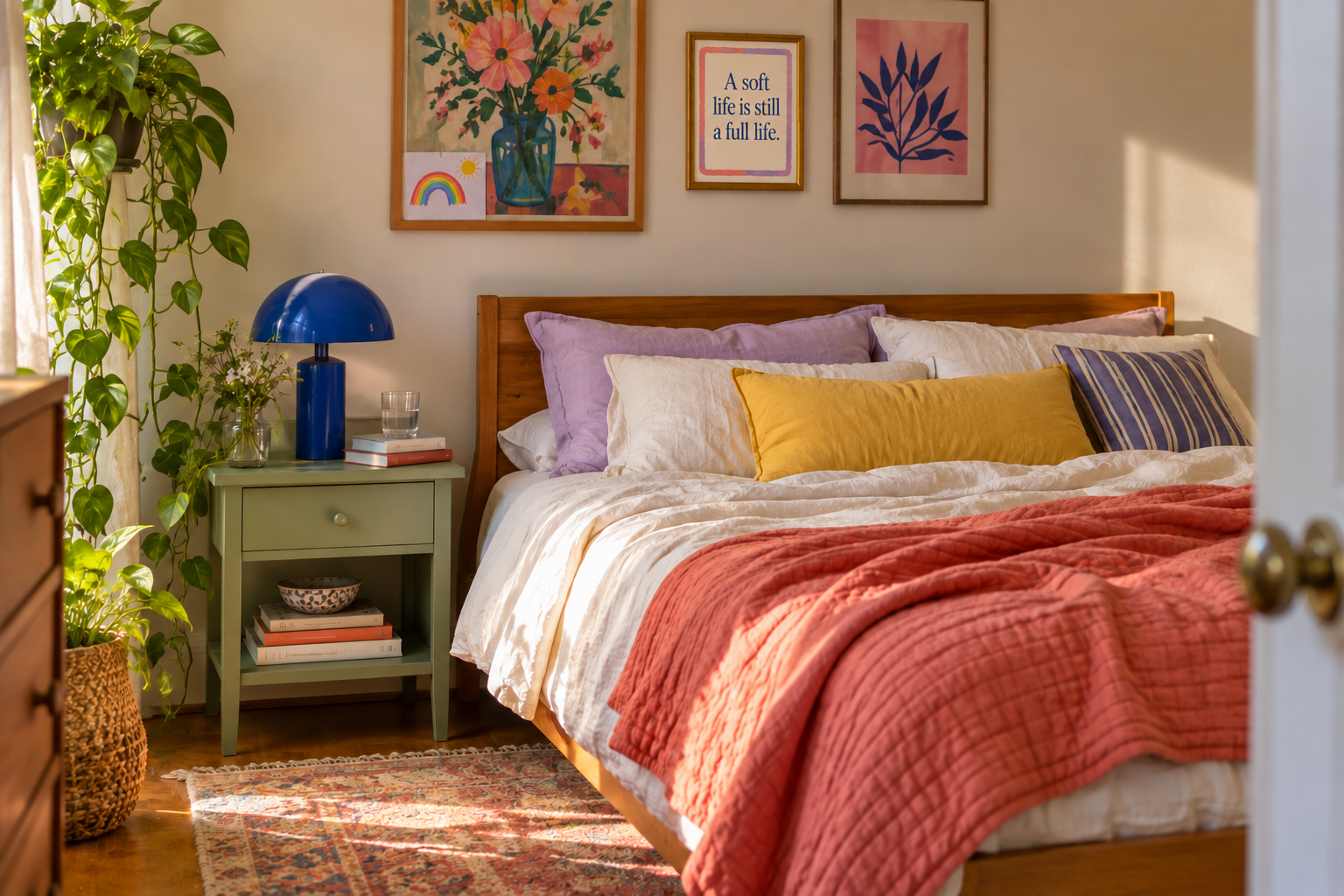 Peaceful colorful bedroom with coral bedding, lavender and yellow pillows, a cobalt lamp and framed positive quote