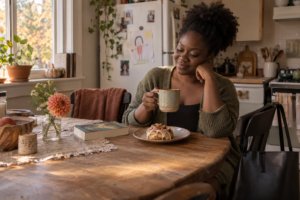 Dark-skinned Black millennial woman enjoying tea, one flower and a small pastry at her kitchen table after work