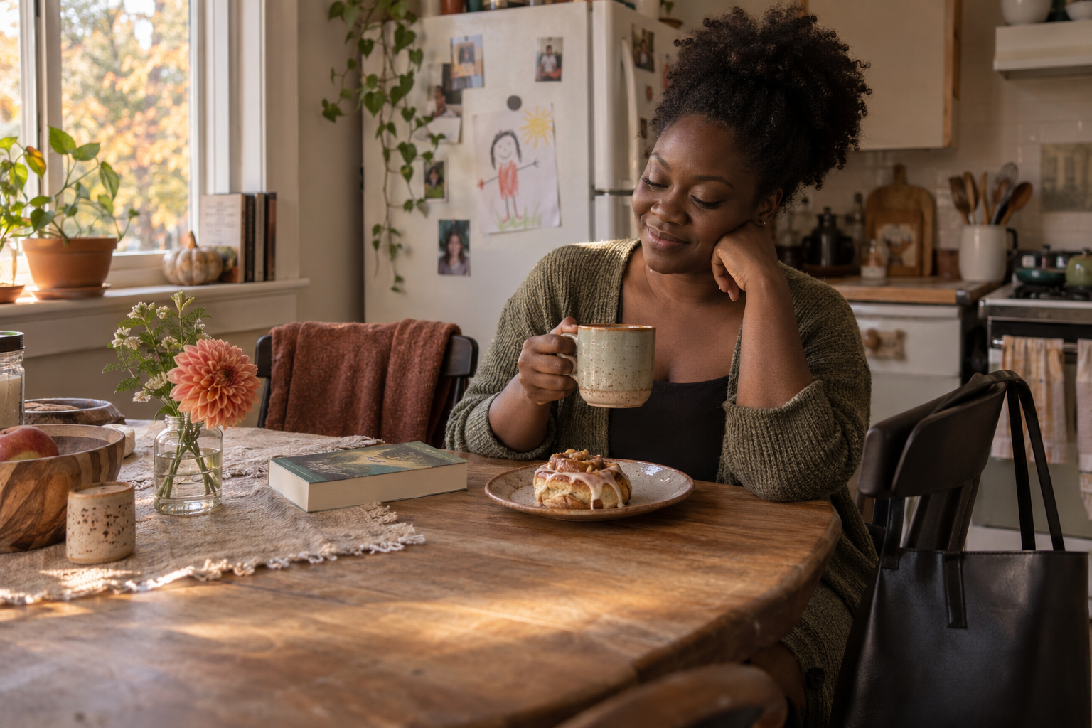 Dark-skinned Black millennial woman enjoying tea, a library book, one flower and a pastry at her kitchen table after work