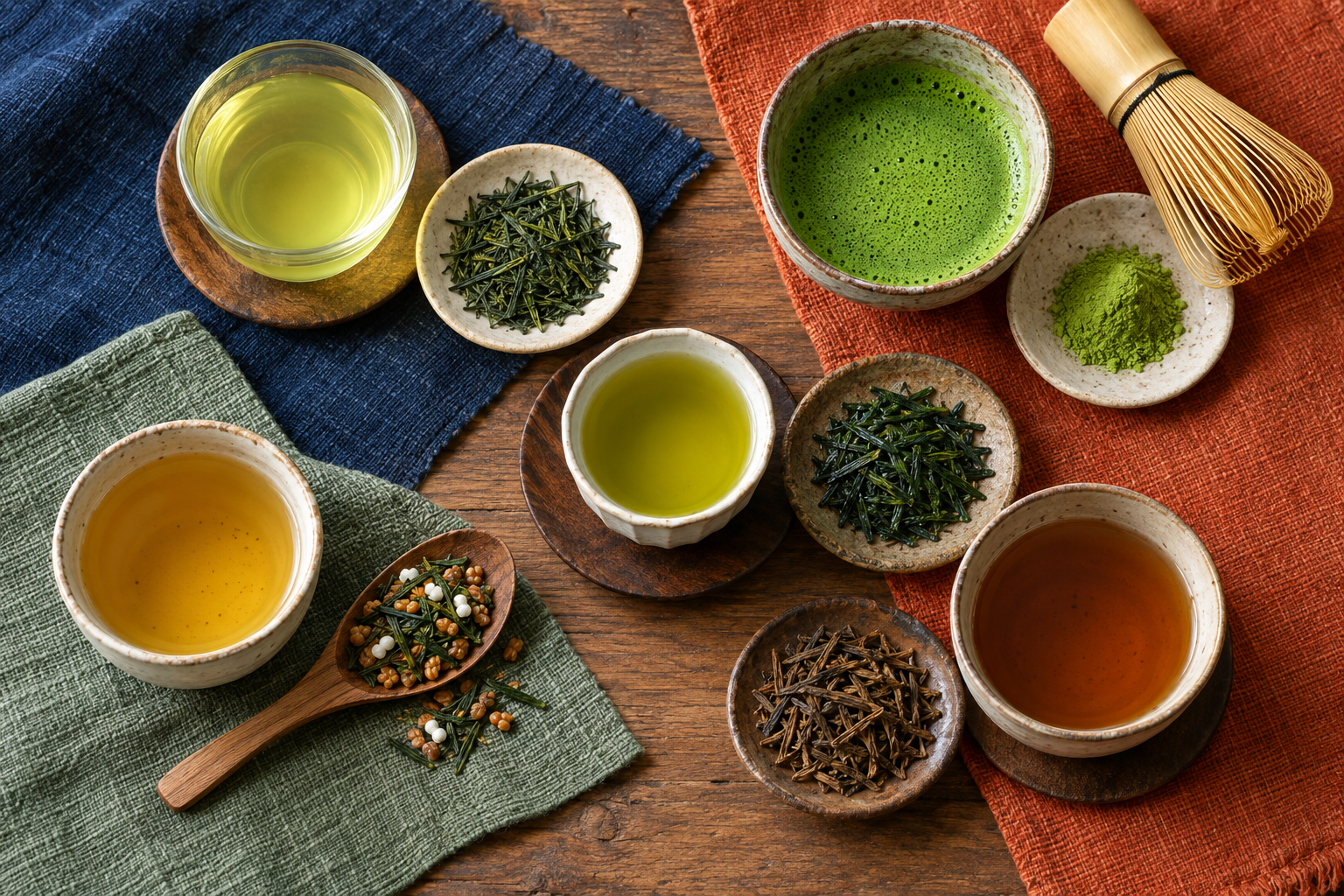 Five Japanese green teas displayed with sencha leaves, matcha, gyokuro, genmaicha and hōjicha