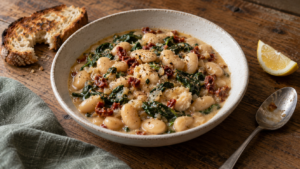 Bowl of creamy sun-dried tomato butter beans with spinach, lemon and toasted bread