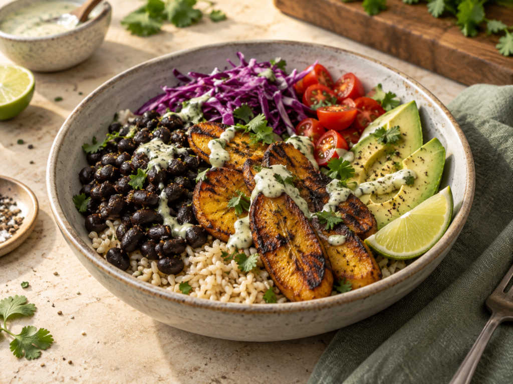 Crispy plantain and black bean bowl with brown rice, cabbage, tomatoes, avocado and creamy lime sauce