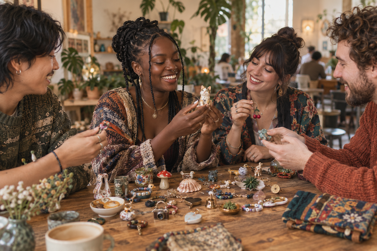 Two friends choosing small treasures from a community trinket box outside a bookshop