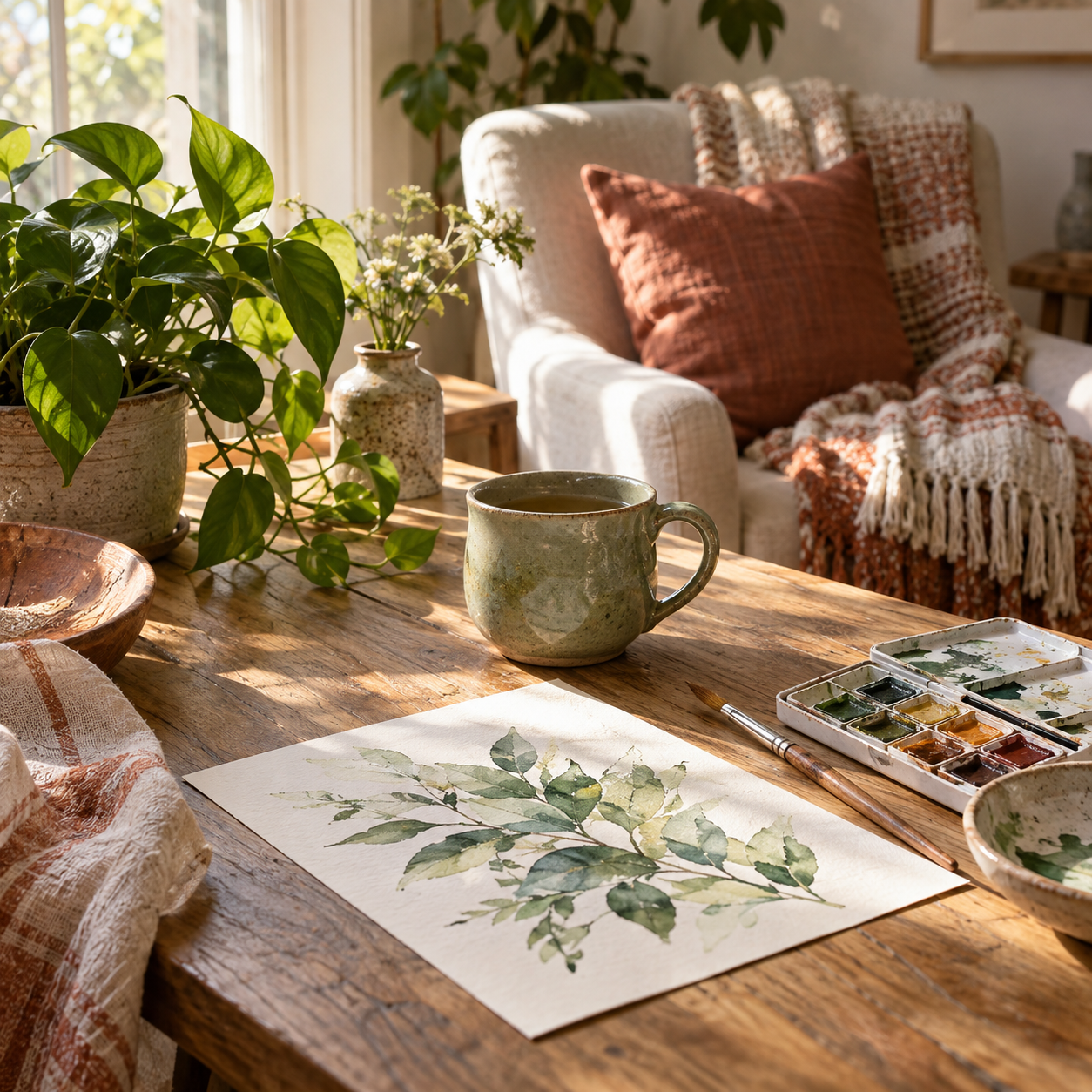 Sunlit creative corner with watercolor painting, tea, plants, and a cozy woven throw