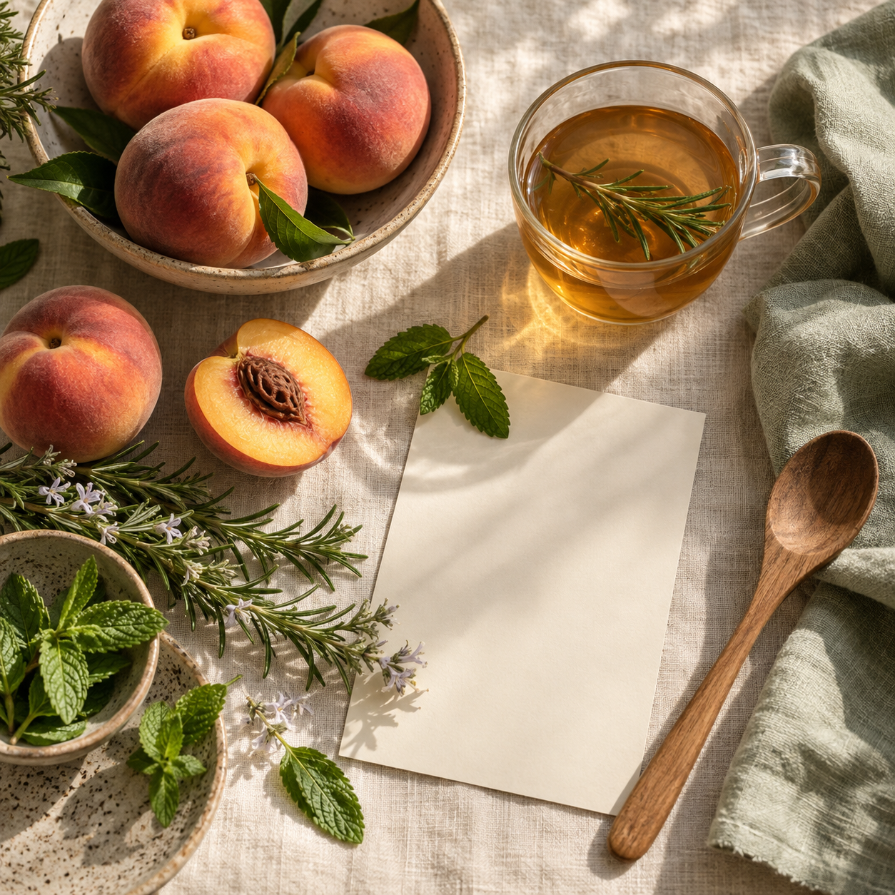 Fresh peaches, herbal tea, and mint on a sunlit linen table