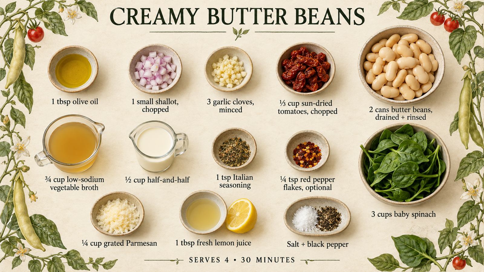 Visual ingredient guide for creamy sun-dried tomato butter beans with spinach, Parmesan, shallot, garlic and vegetable broth