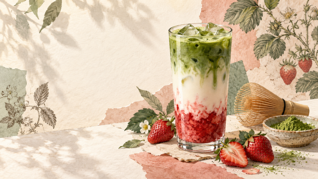 Artistic botanical collage of a layered strawberry matcha latte with fresh strawberries, matcha powder and a bamboo whisk