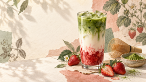 Artistic botanical collage of a layered strawberry matcha latte with fresh strawberries, matcha powder and a bamboo whisk