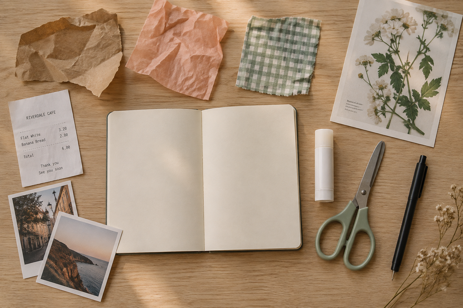 Notebook, glue stick, scissors, pen, and collected papers for beginner junk journaling