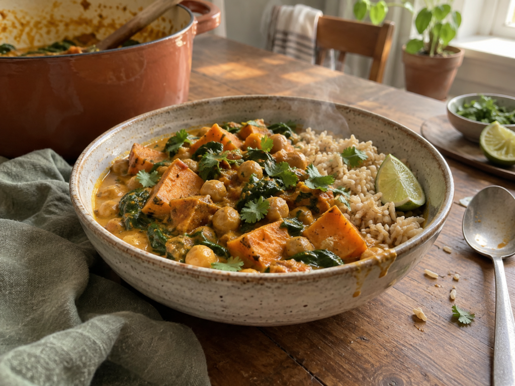 Coconut curry chickpeas with sweet potato, spinach and brown rice in a ceramic bowl