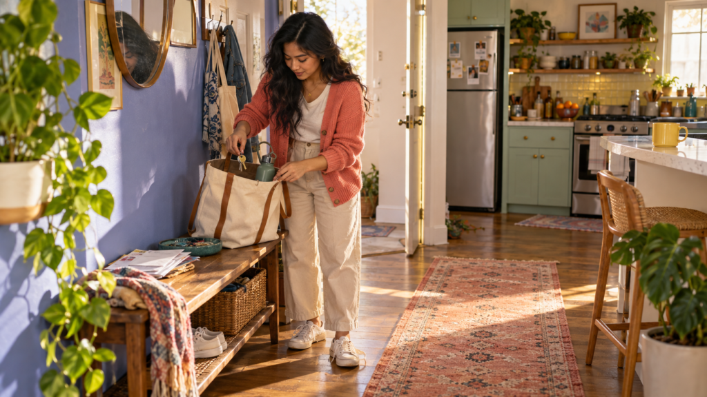 Filipina millennial woman packing her tote during a colorful, realistic weekday morning