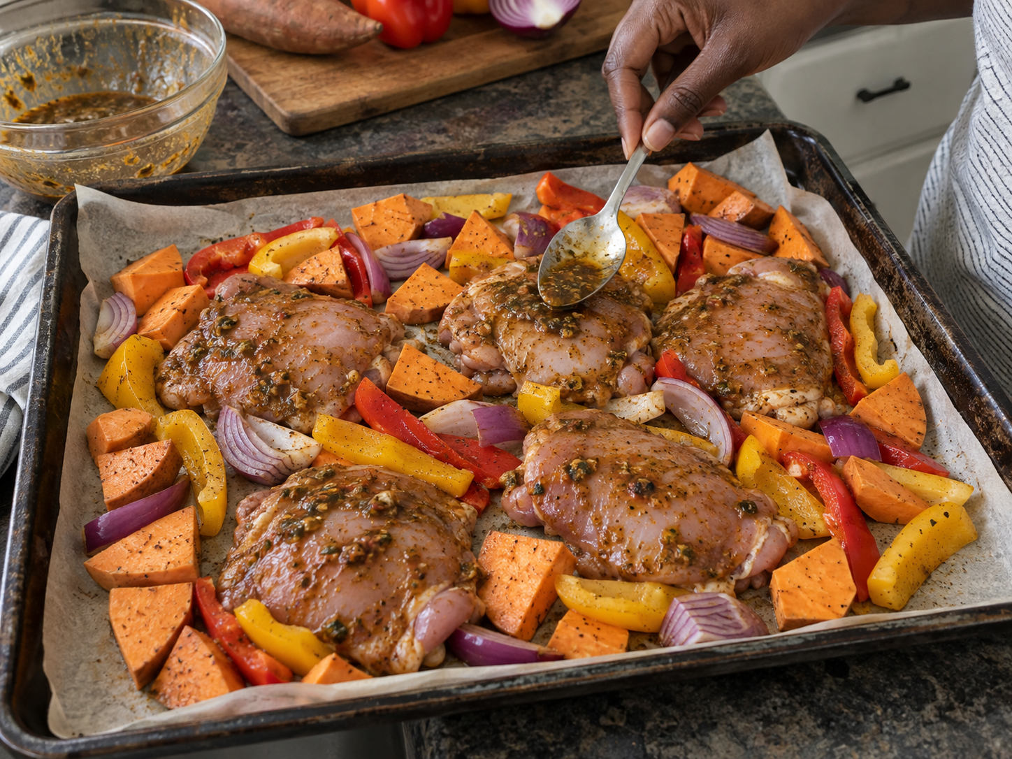 Boneless chicken thighs being coated with honey jerk seasoning on a sheet pan with sweet potatoes, peppers and red onion